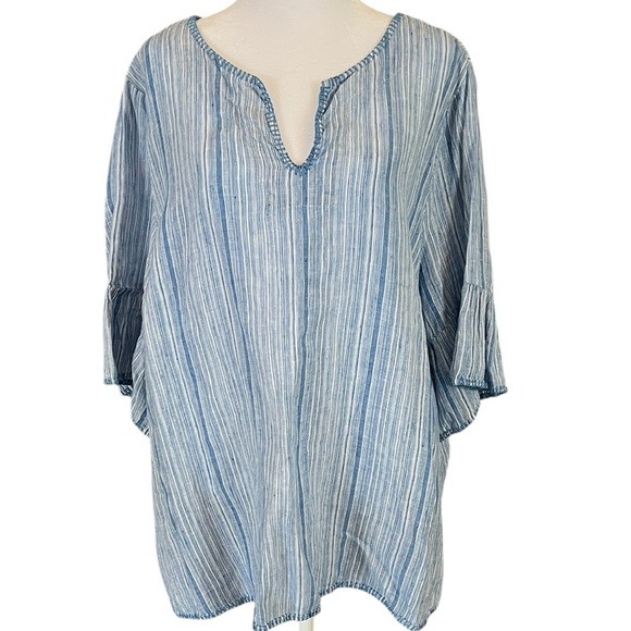 Tahari Linen Blue and White Striped Blouse Tunic Top 2X - Picture 1 of 5
